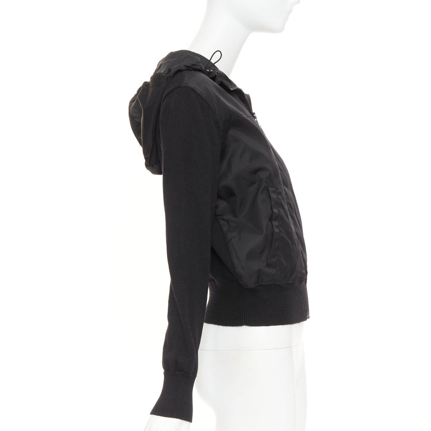 Women's Prada virgin wool nylon front triangle logo zip hoodie