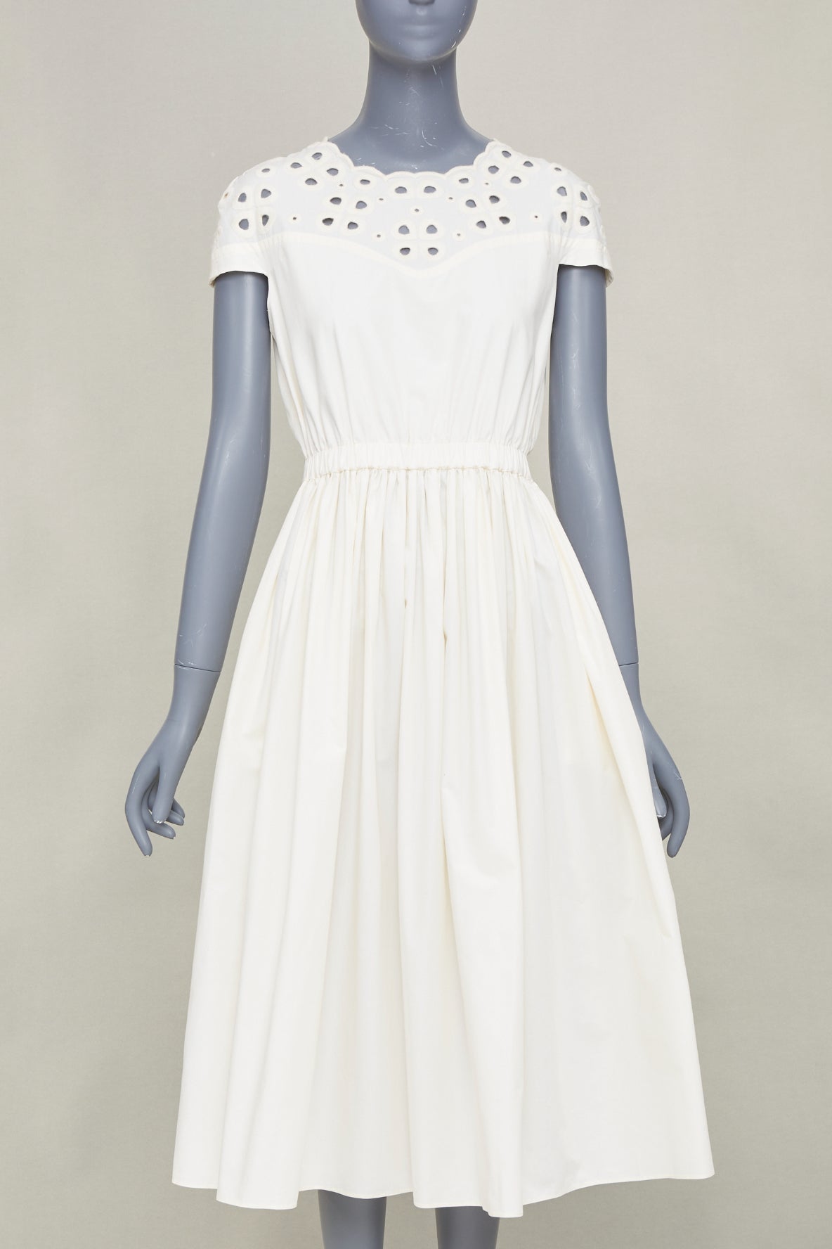 Women's Fendi eyelet cutout scalloped white cotton midi dress