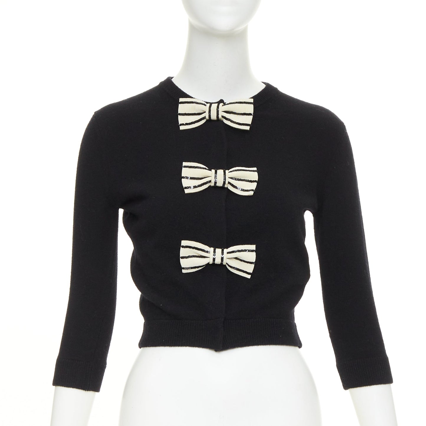 Women's Valentino wool striped sequin trio bow knit cardigan