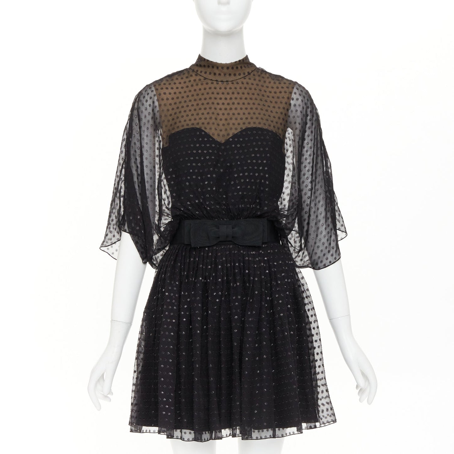 Women's Saint Laurent polka dot lurex semi sheer bow belt dress