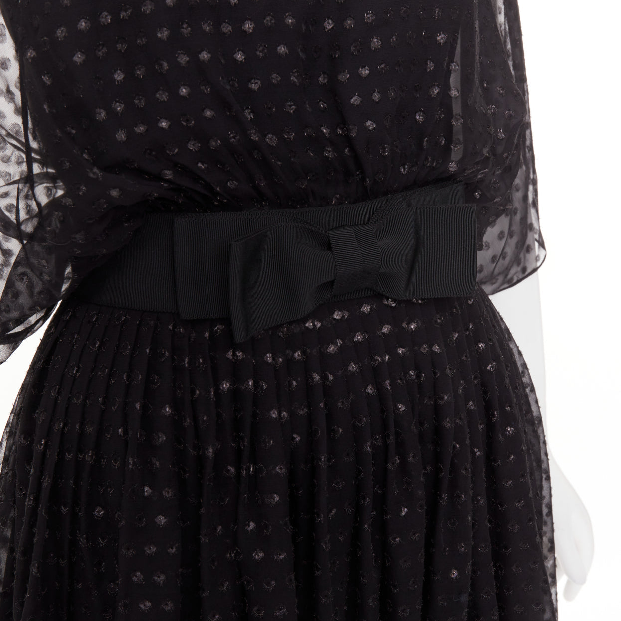 Women's Saint Laurent polka dot lurex semi sheer bow belt dress