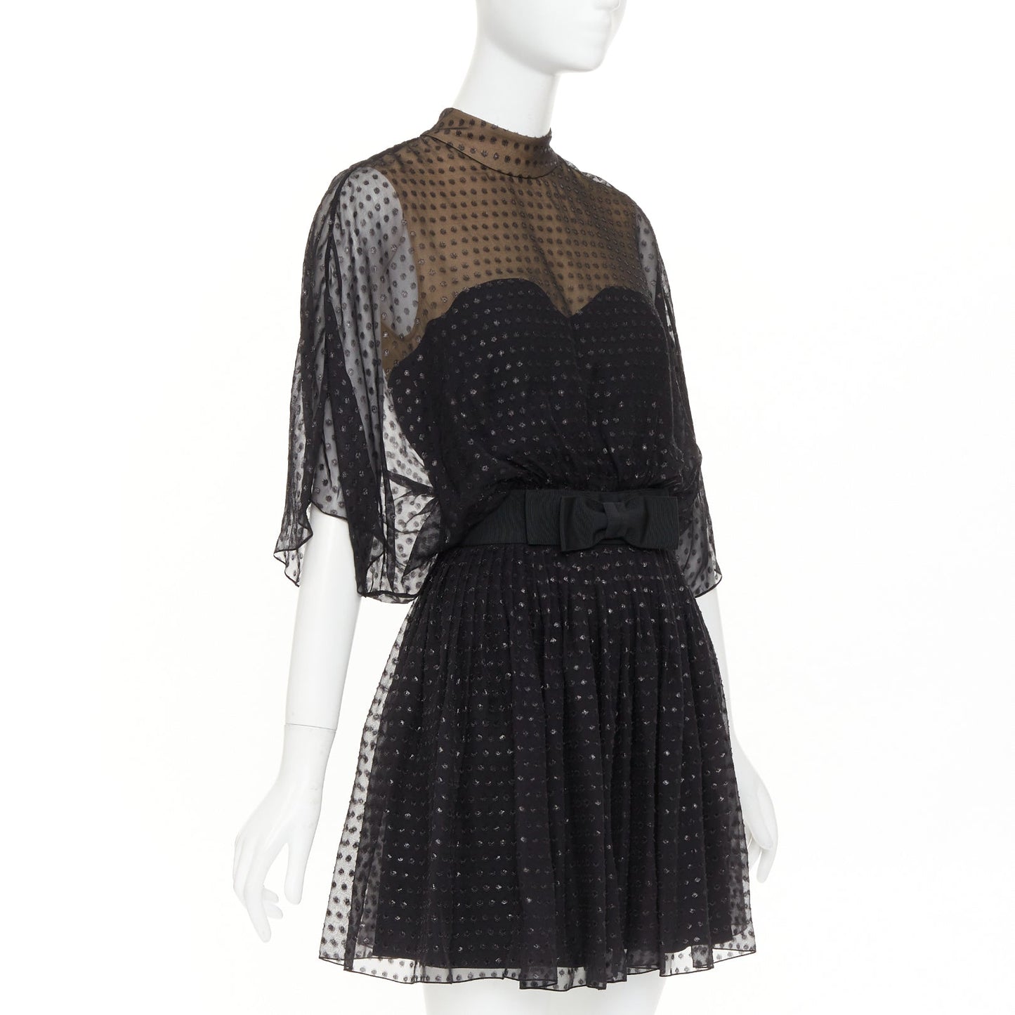 Women's Saint Laurent polka dot lurex semi sheer bow belt dress