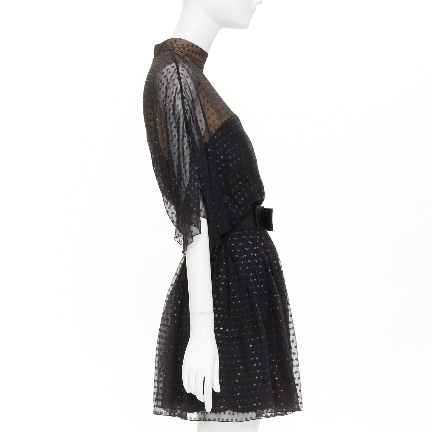 Women's Saint Laurent polka dot lurex semi sheer bow belt dress