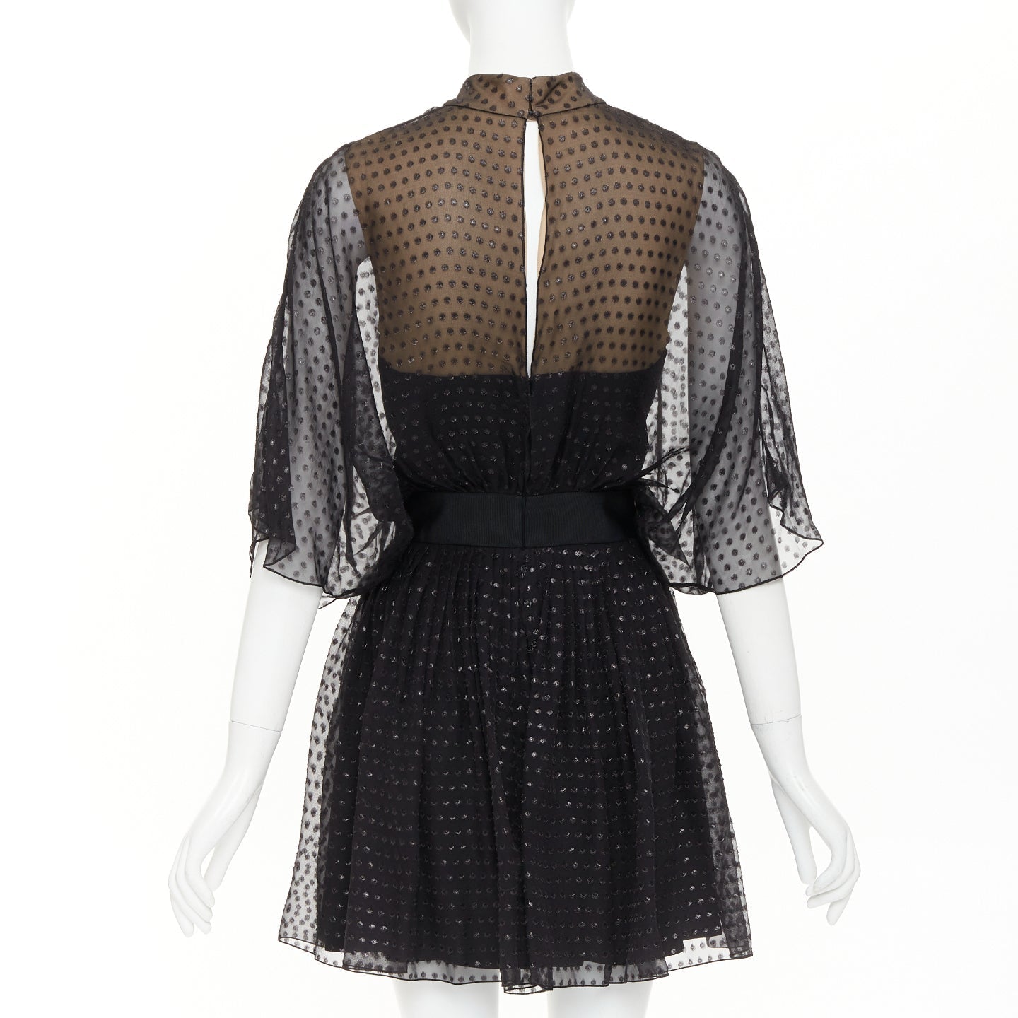 Women's Saint Laurent polka dot lurex semi sheer bow belt dress