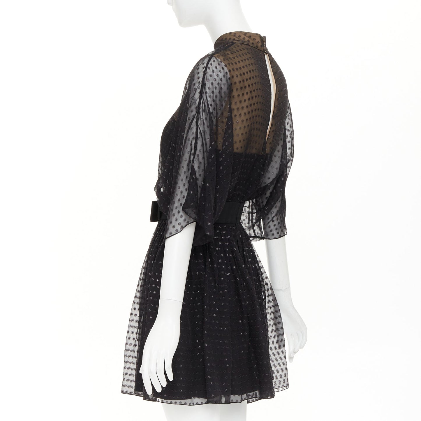 Women's Saint Laurent polka dot lurex semi sheer bow belt dress