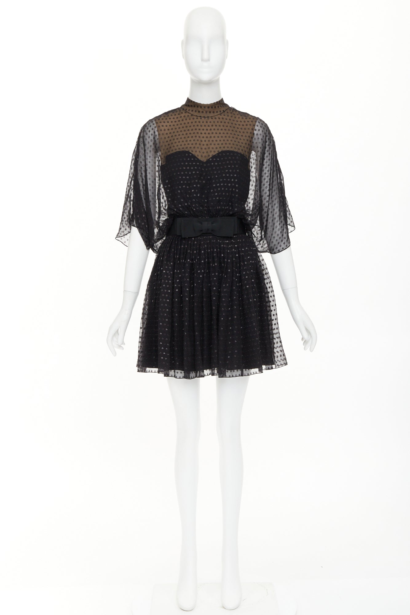 Women's Saint Laurent polka dot lurex semi sheer bow belt dress