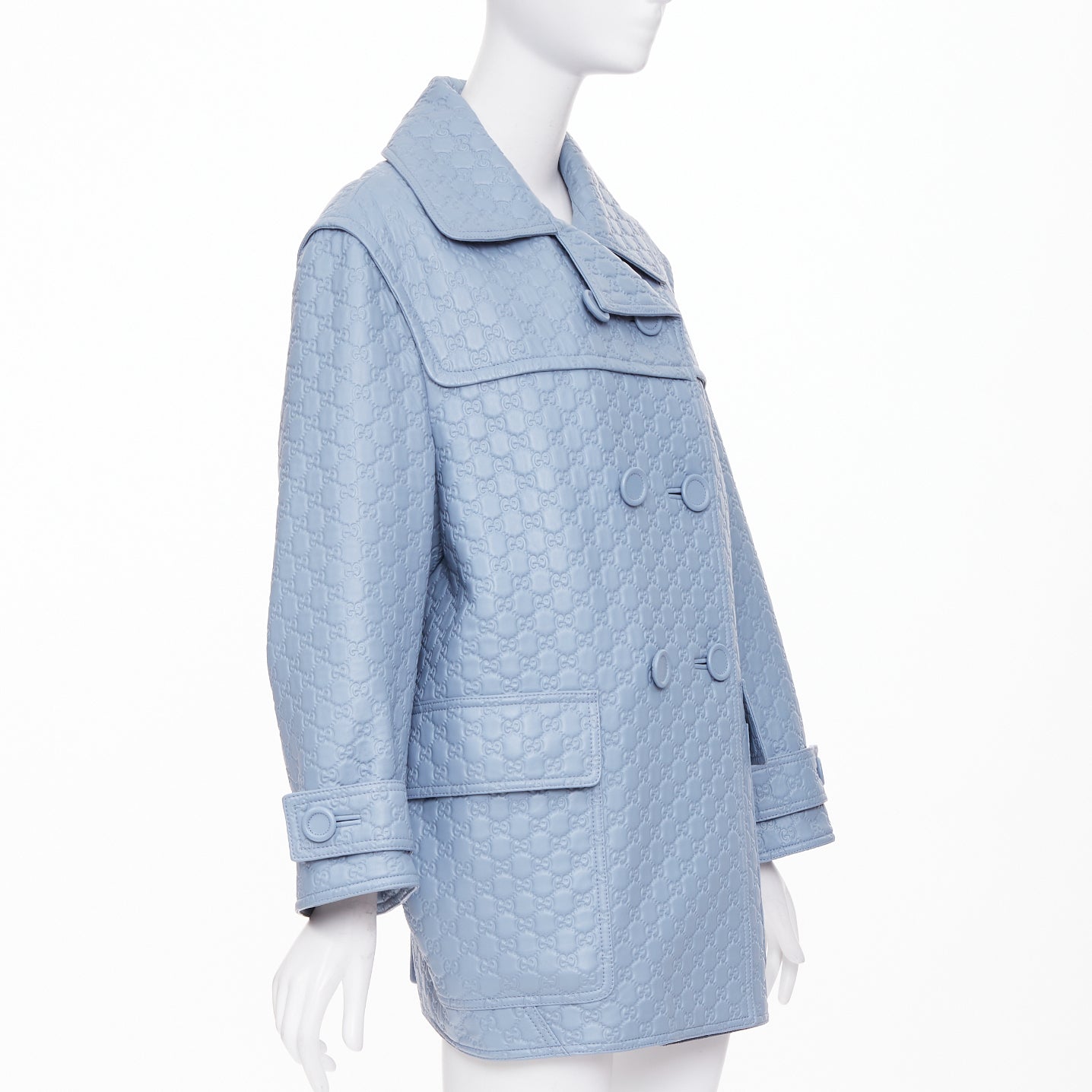 Women's Gucci All Over Embossed GG Button Split Back leather coat