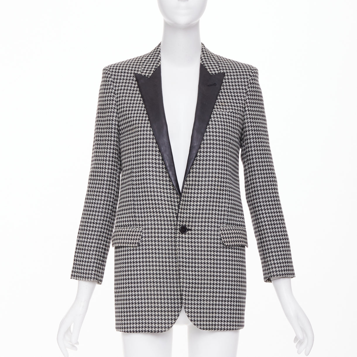 Women's Saint Laurent leather peak lapel houndstooth blazer