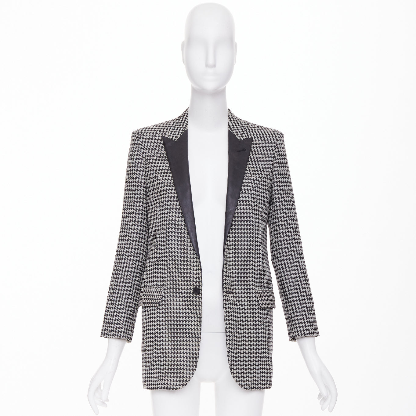 Women's Saint Laurent leather peak lapel houndstooth blazer