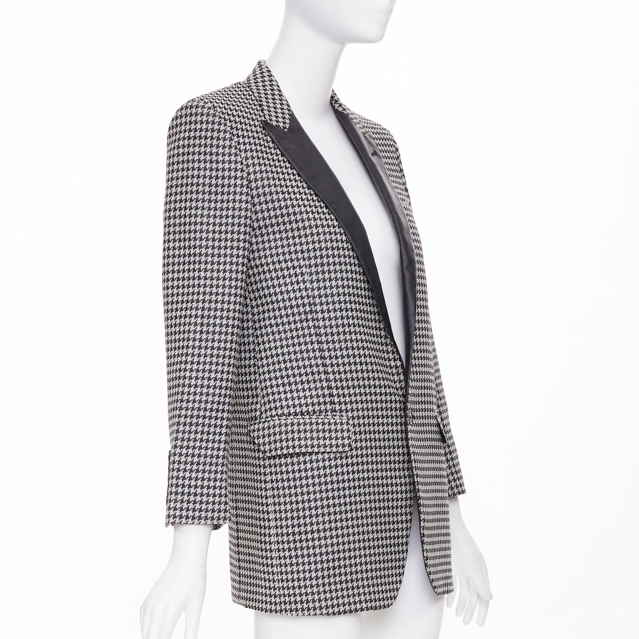 Women's Saint Laurent leather peak lapel houndstooth blazer