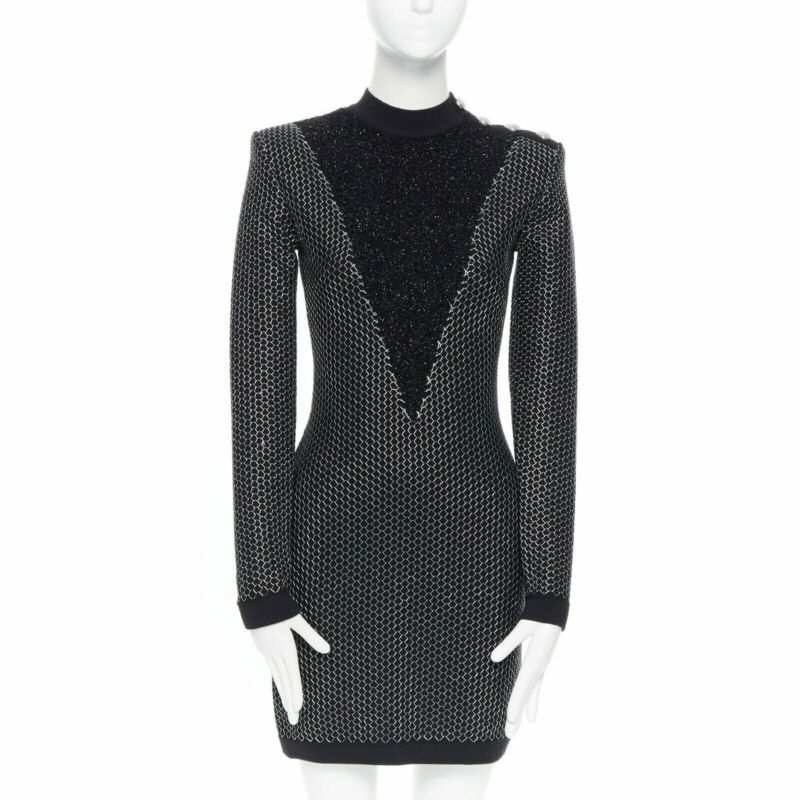 Women's Balmain Rousteing silver thread fluffy military dress