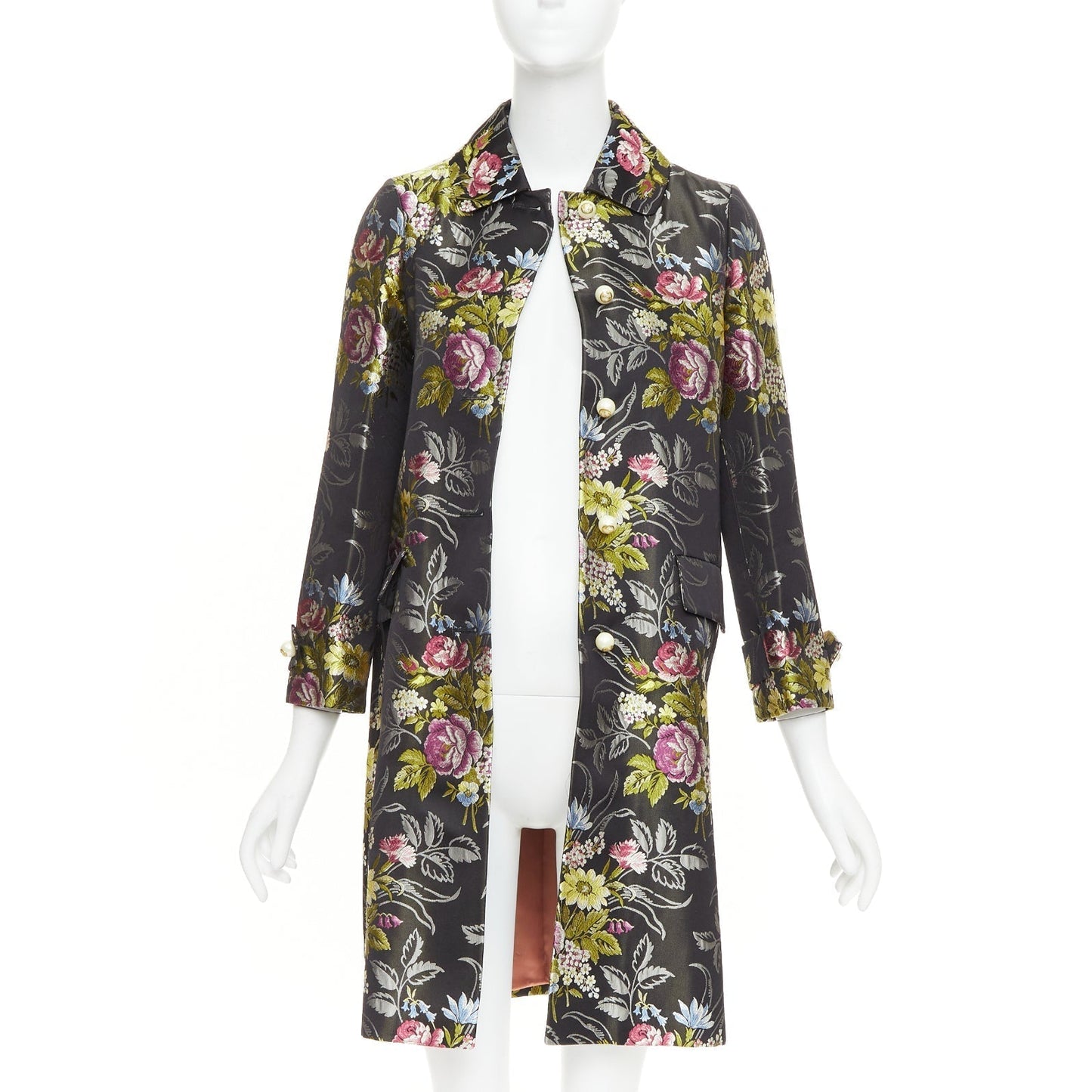 Women's Gucci silk floral jacquard GG pearl A-line evening coat