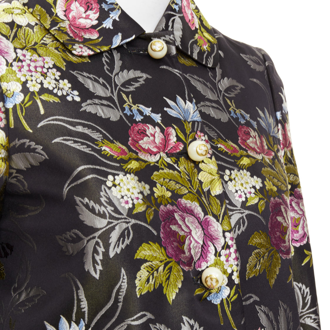 Women's Gucci silk floral jacquard GG pearl A-line evening coat
