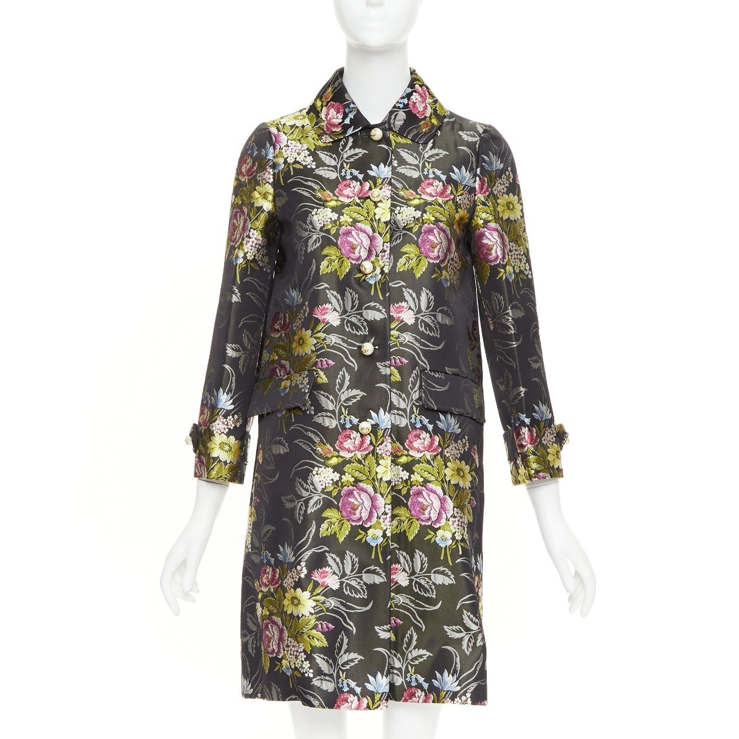 Women's Gucci silk floral jacquard GG pearl A-line evening coat