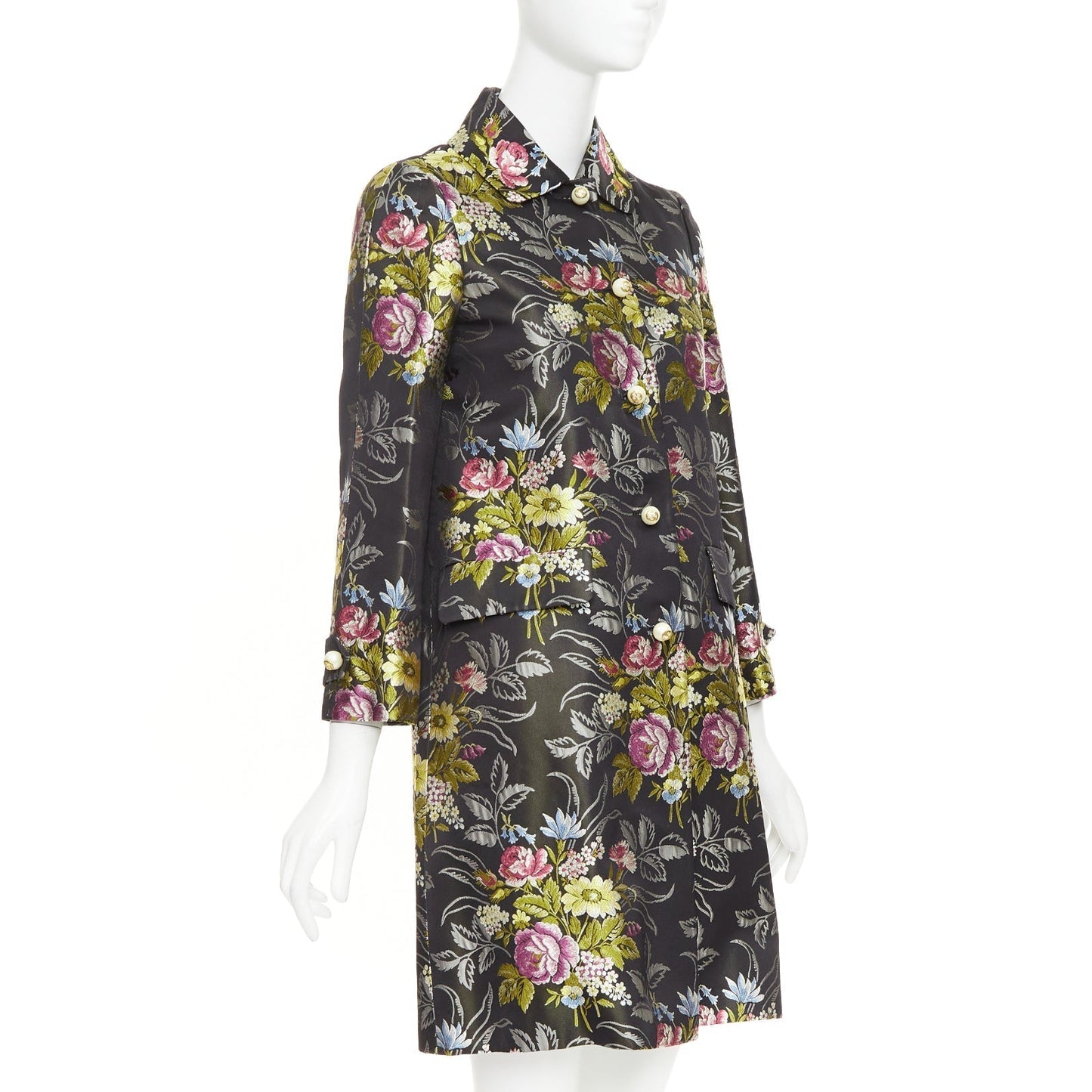 Women's Gucci silk floral jacquard GG pearl A-line evening coat