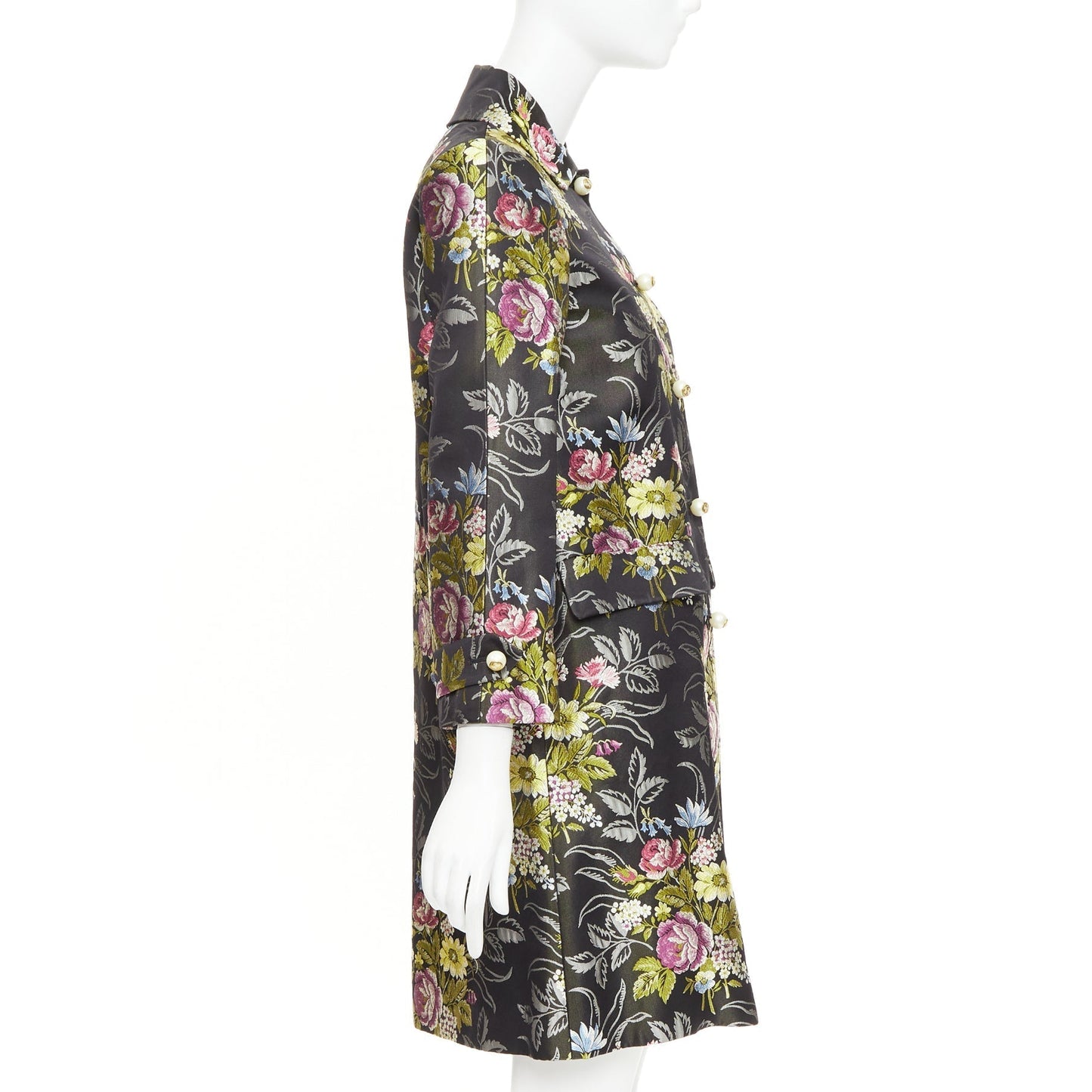 Women's Gucci silk floral jacquard GG pearl A-line evening coat