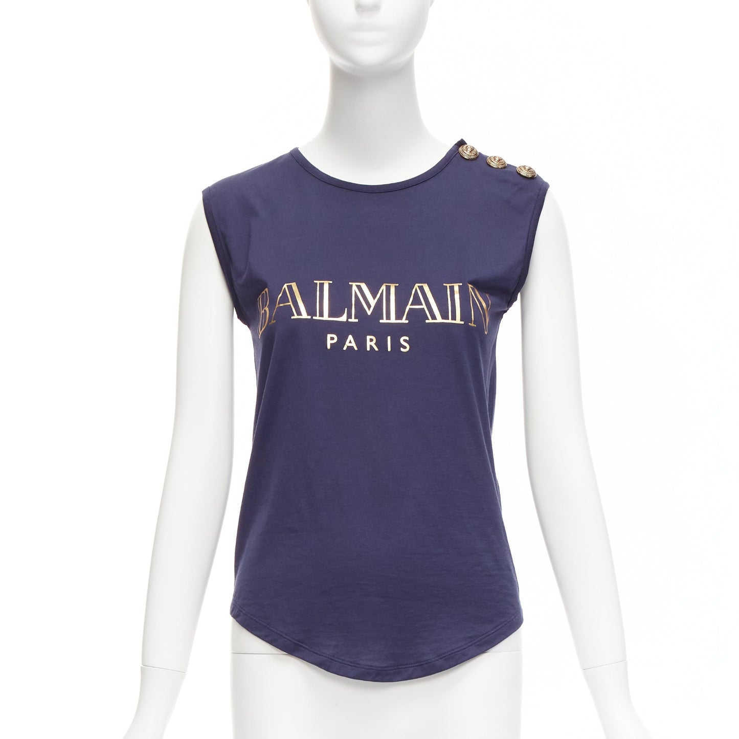 Women's Balmain gold foil logo military button shoulder tank top