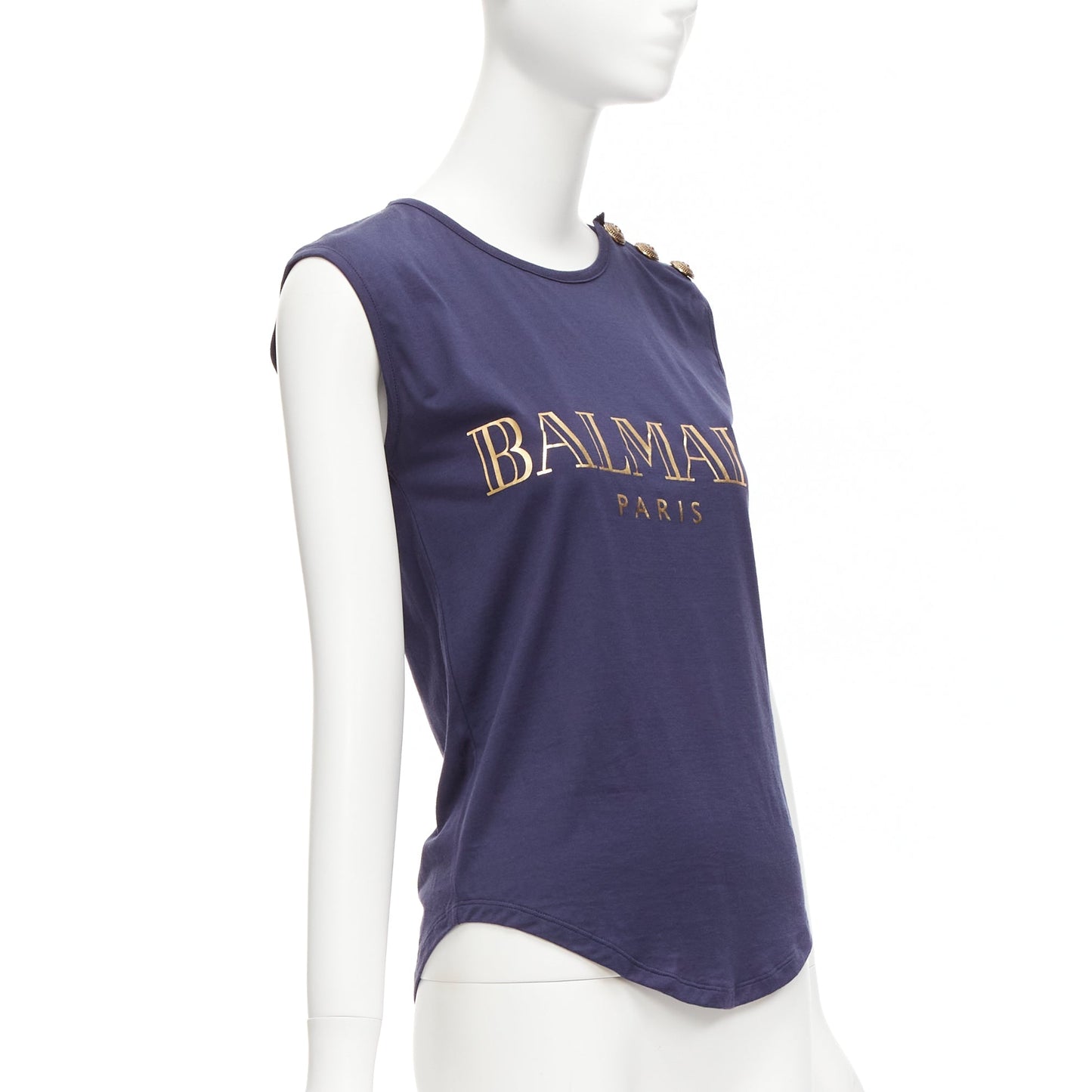 Women's Balmain gold foil logo military button shoulder tank top