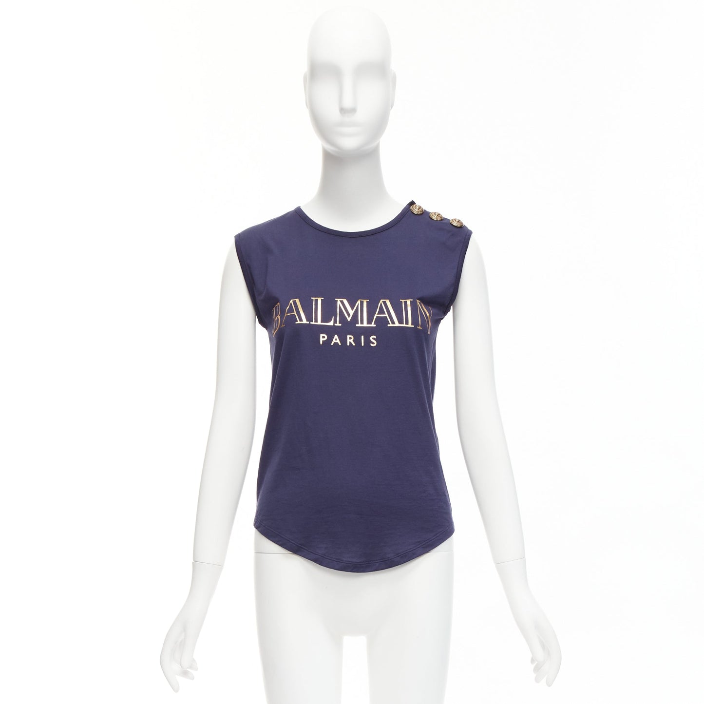 Women's Balmain gold foil logo military button shoulder tank top