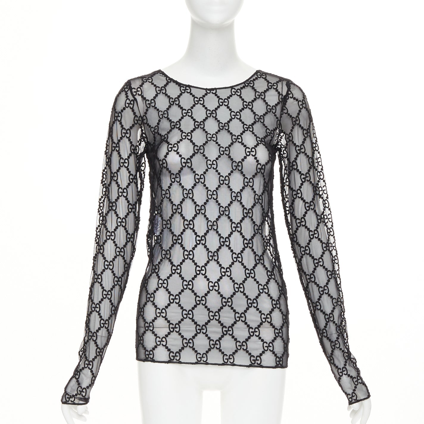 Women's Gucci sheer monogram GG embroidered tulle long sleeve top