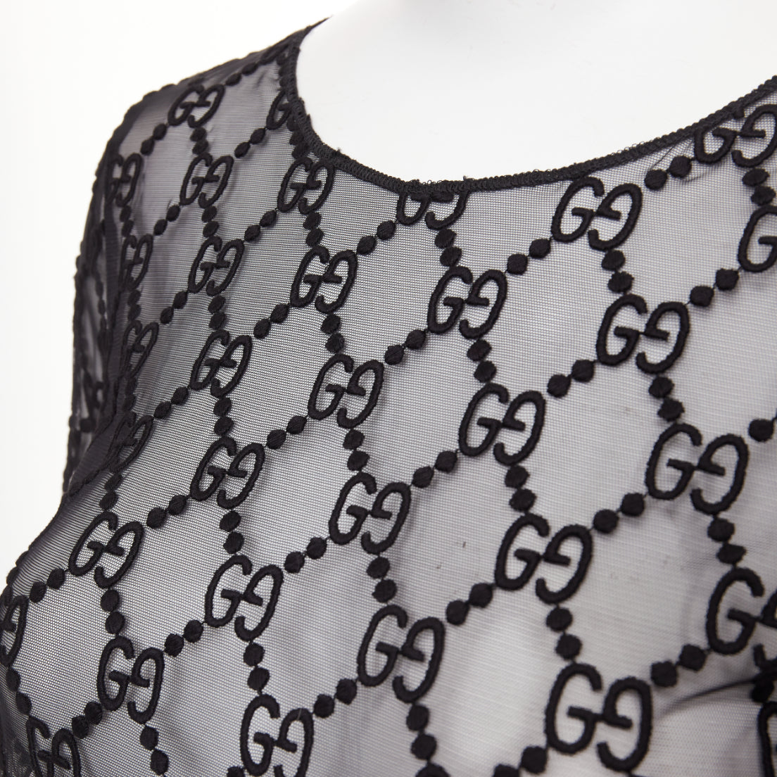 Women's Gucci sheer monogram GG embroidered tulle long sleeve top