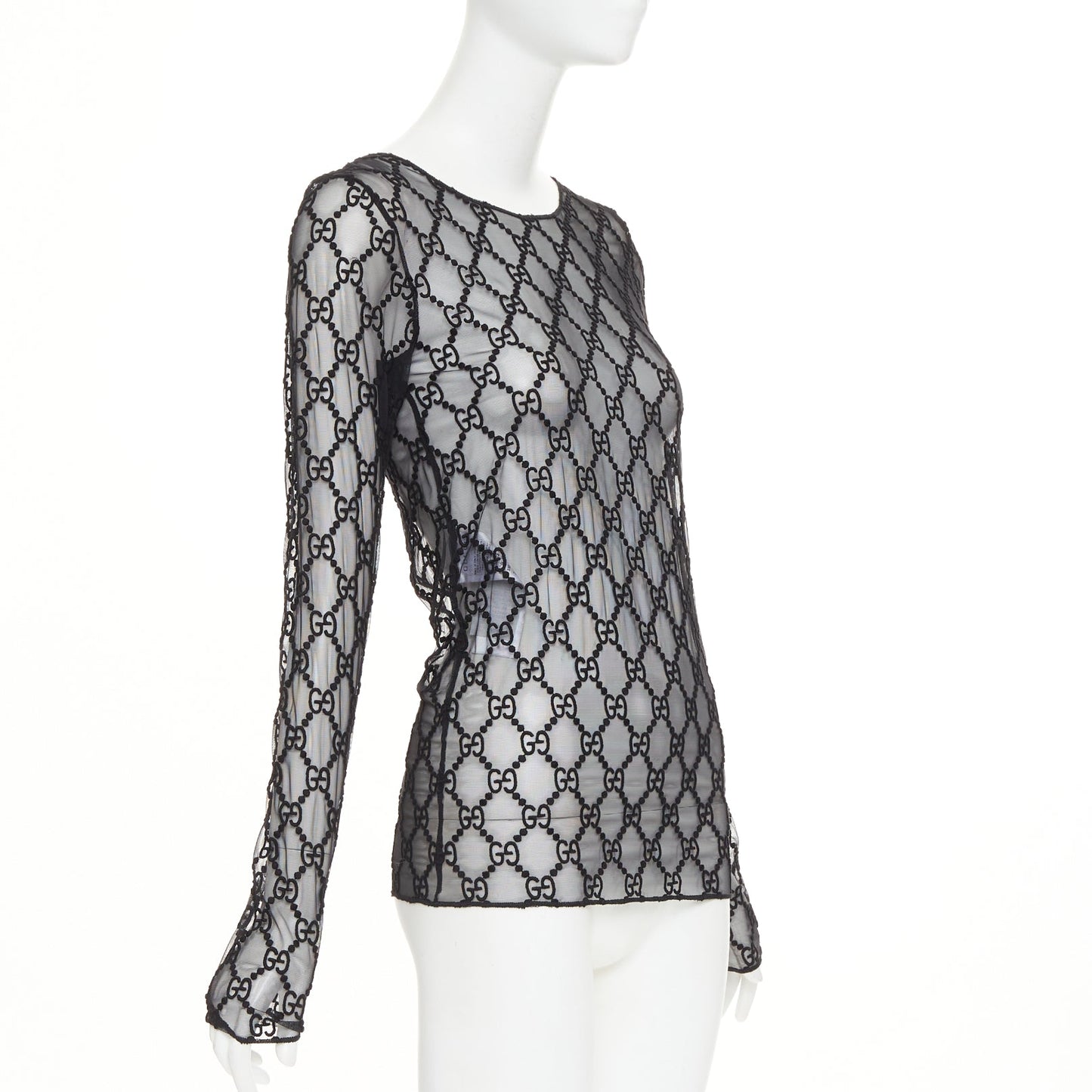 Women's Gucci sheer monogram GG embroidered tulle long sleeve top