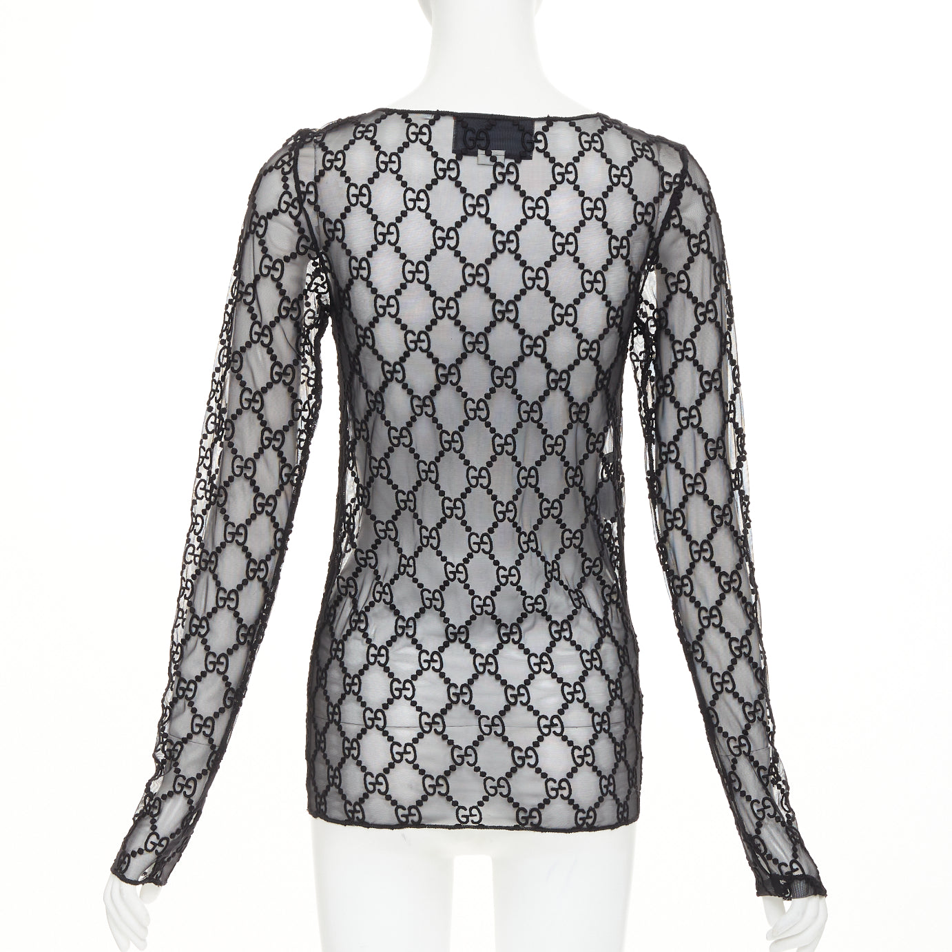 Women's Gucci sheer monogram GG embroidered tulle long sleeve top