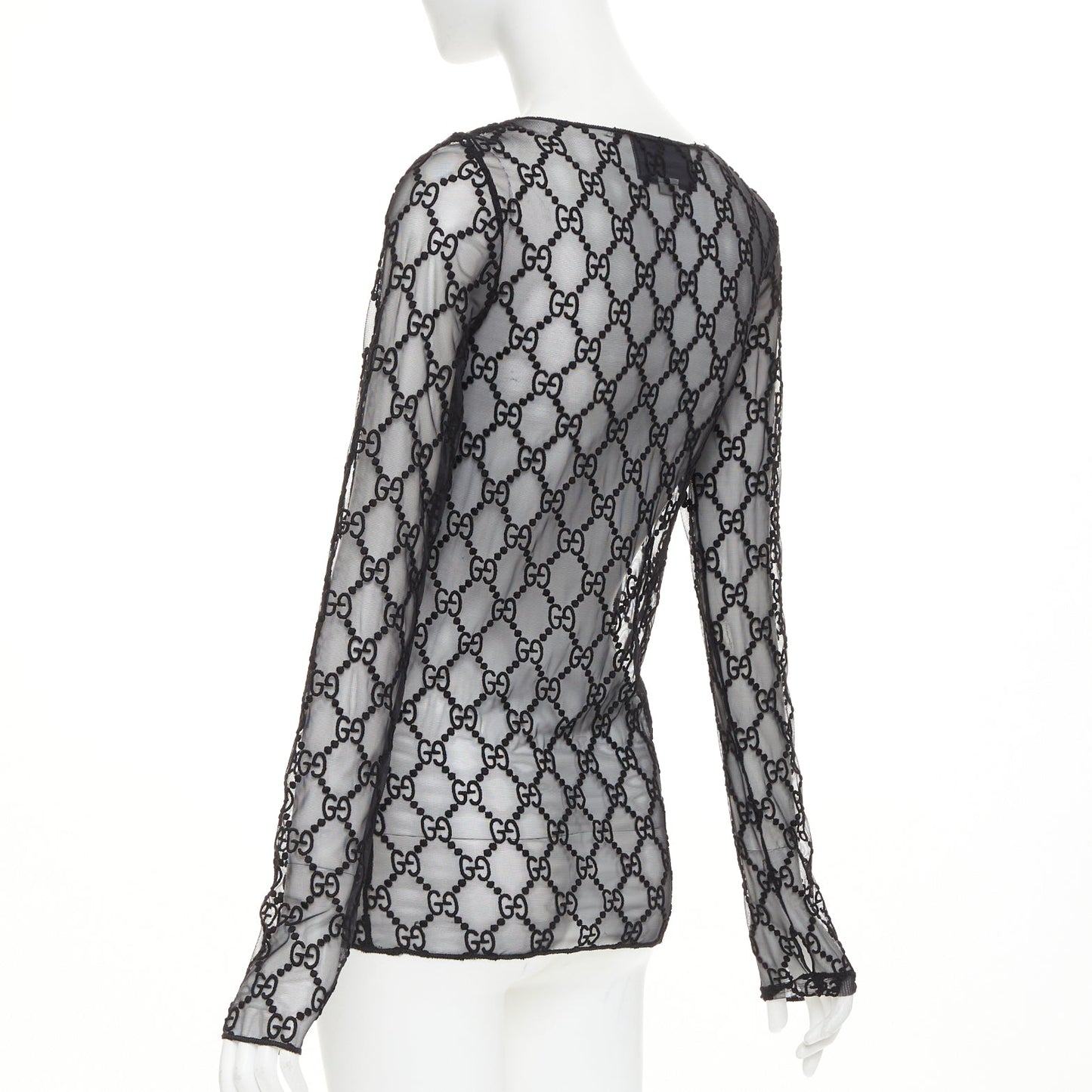 Women's Gucci sheer monogram GG embroidered tulle long sleeve top