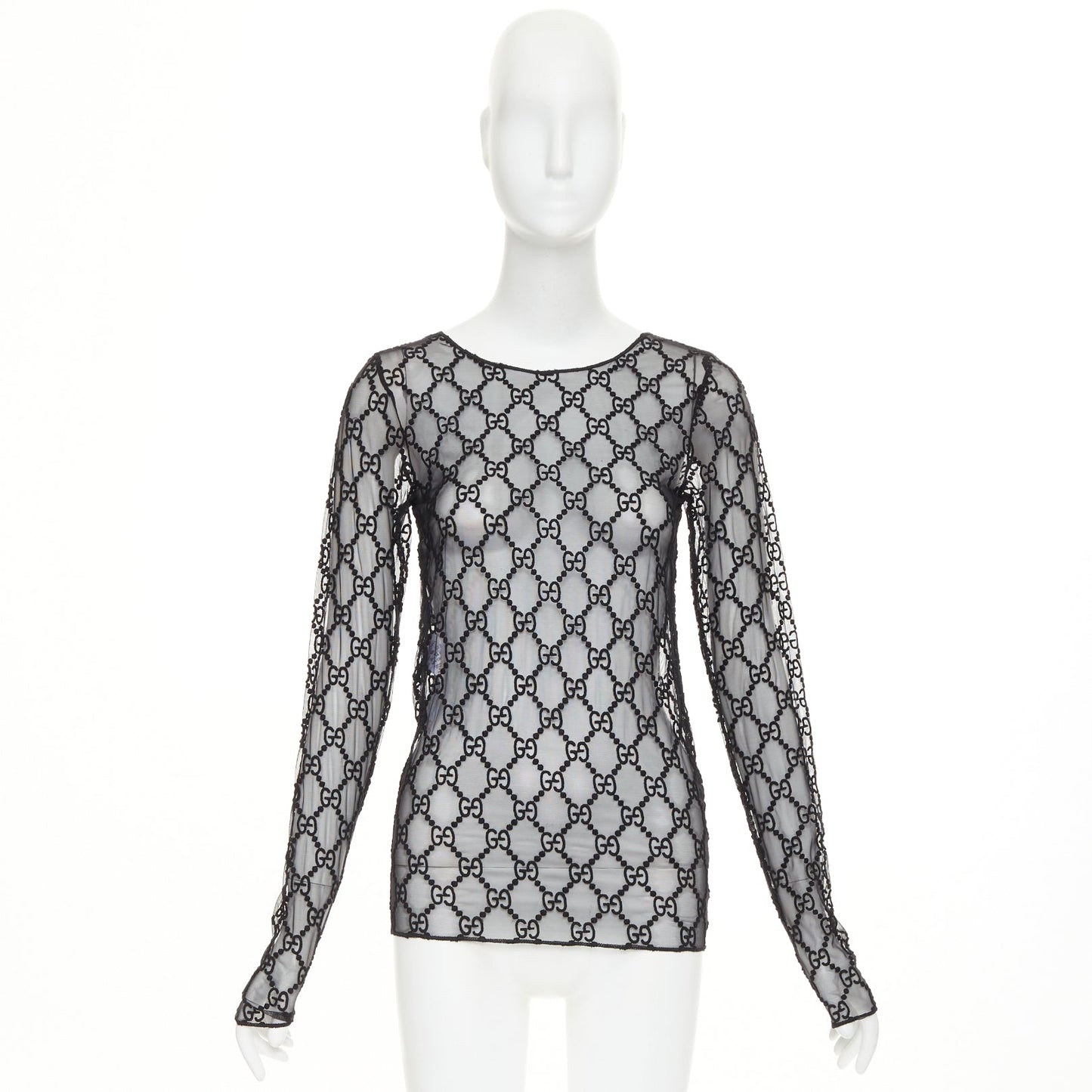 Women's Gucci sheer monogram GG embroidered tulle long sleeve top