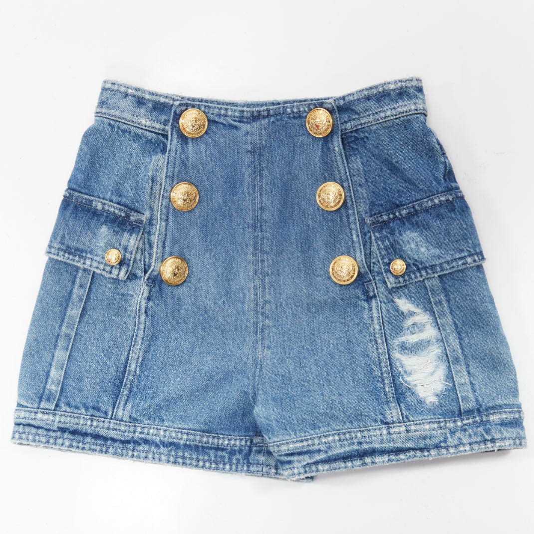 Women's Balmain distressed denim gold buttons high waisted shorts