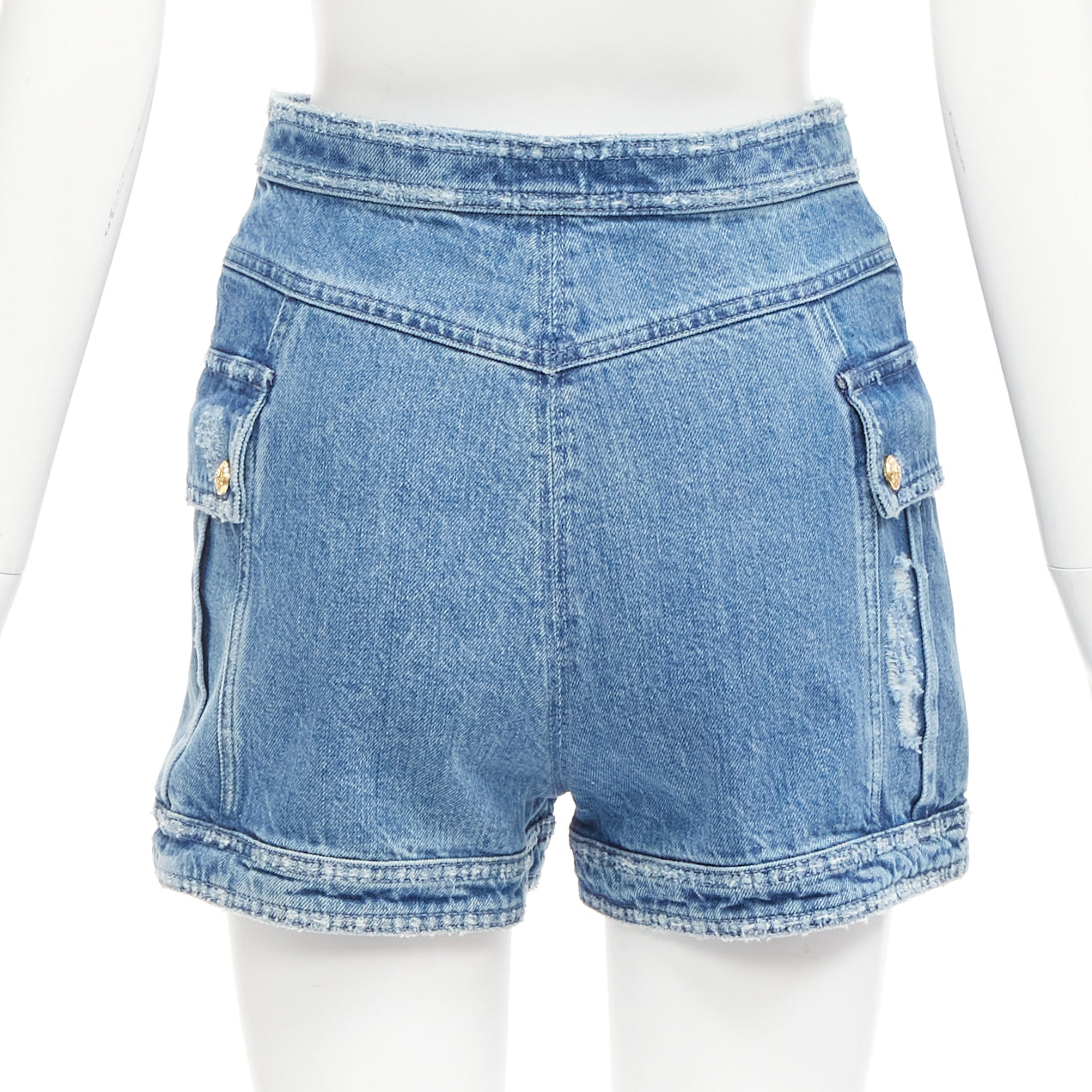 Women's Balmain distressed denim gold buttons high waisted shorts