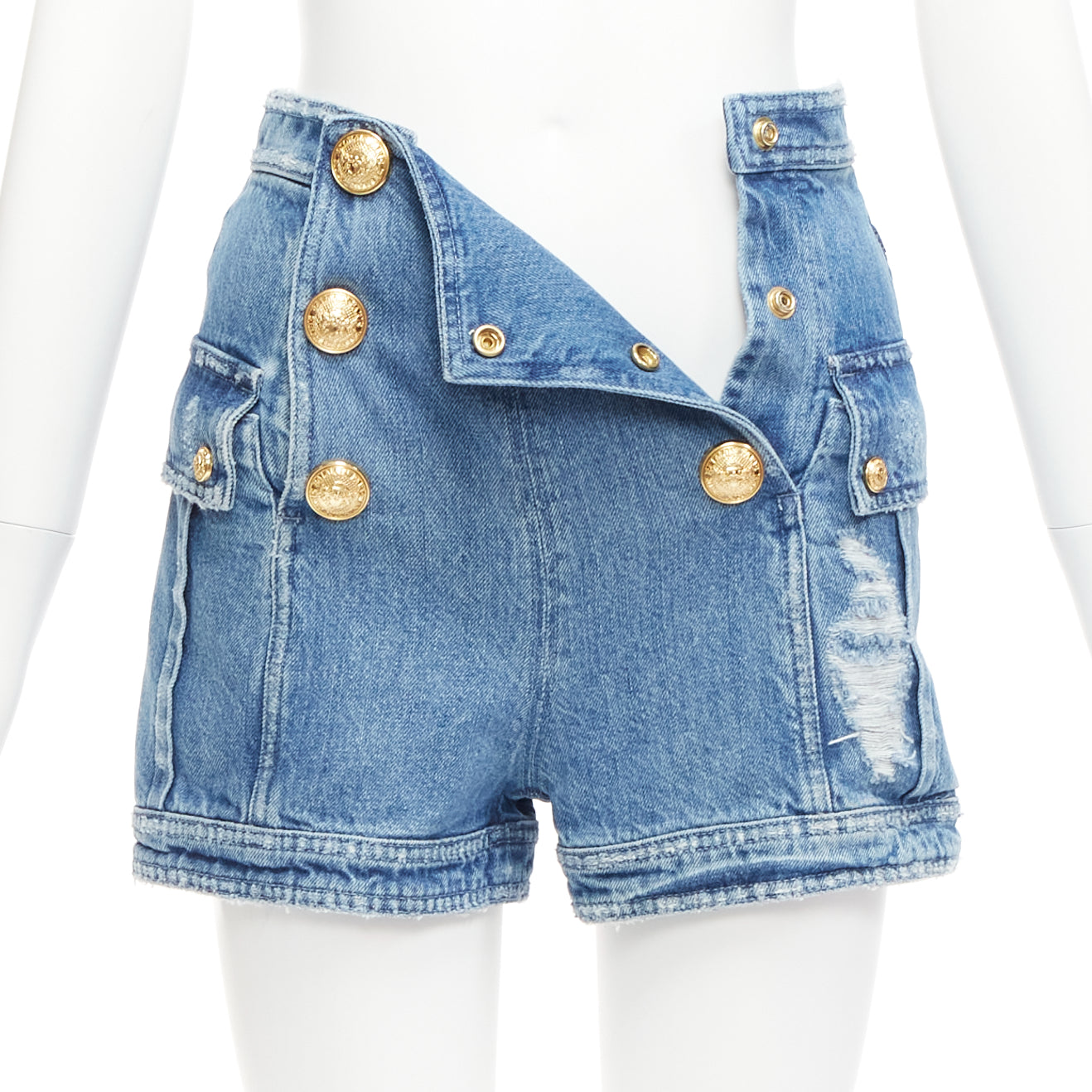 Women's Balmain distressed denim gold buttons high waisted shorts