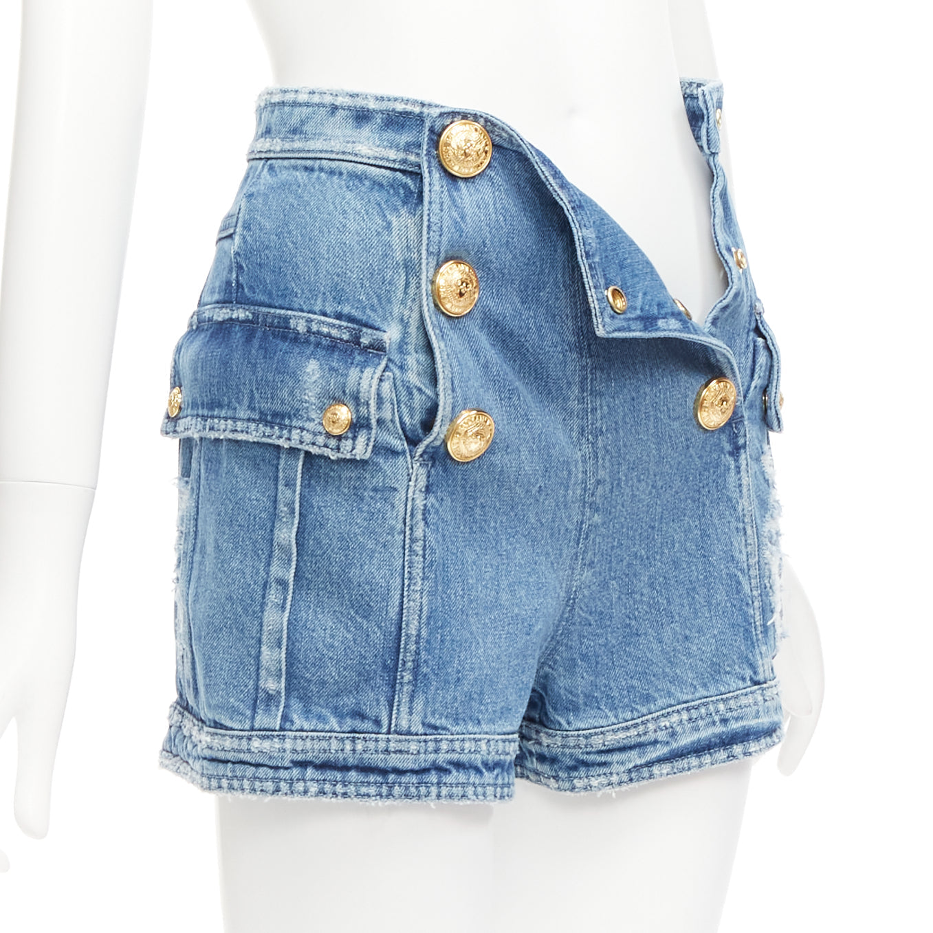 Women's Balmain distressed denim gold buttons high waisted shorts