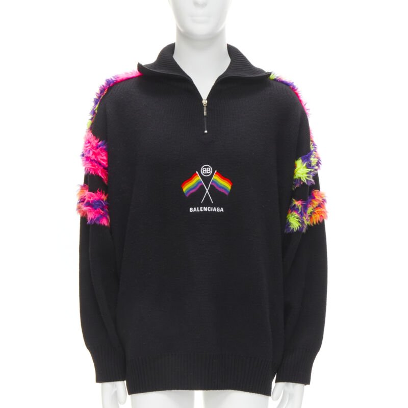 Men's Balenciaga BB Pride Flag embroidery faux fur turtleneck