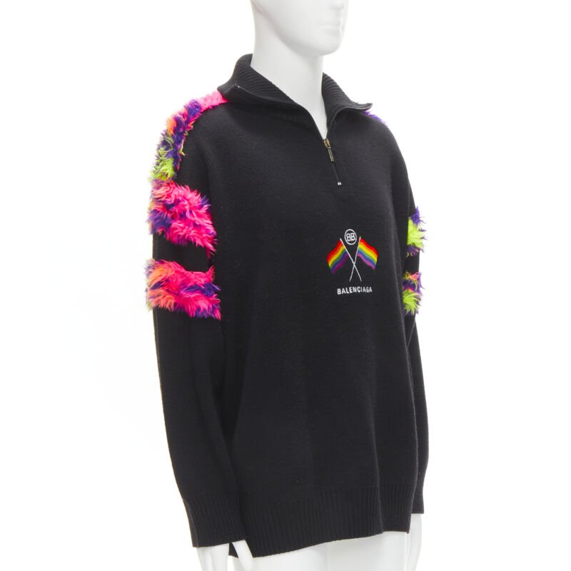 Men's Balenciaga BB Pride Flag embroidery faux fur turtleneck