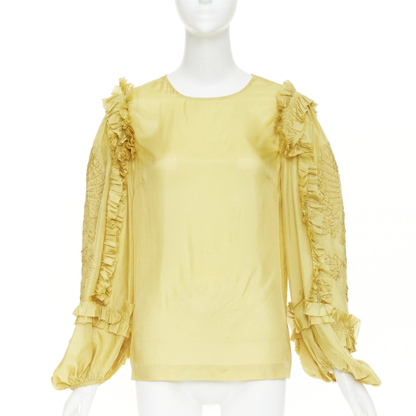 Women's Dries Van Noten silk ruffle applique puff sleeve blouse