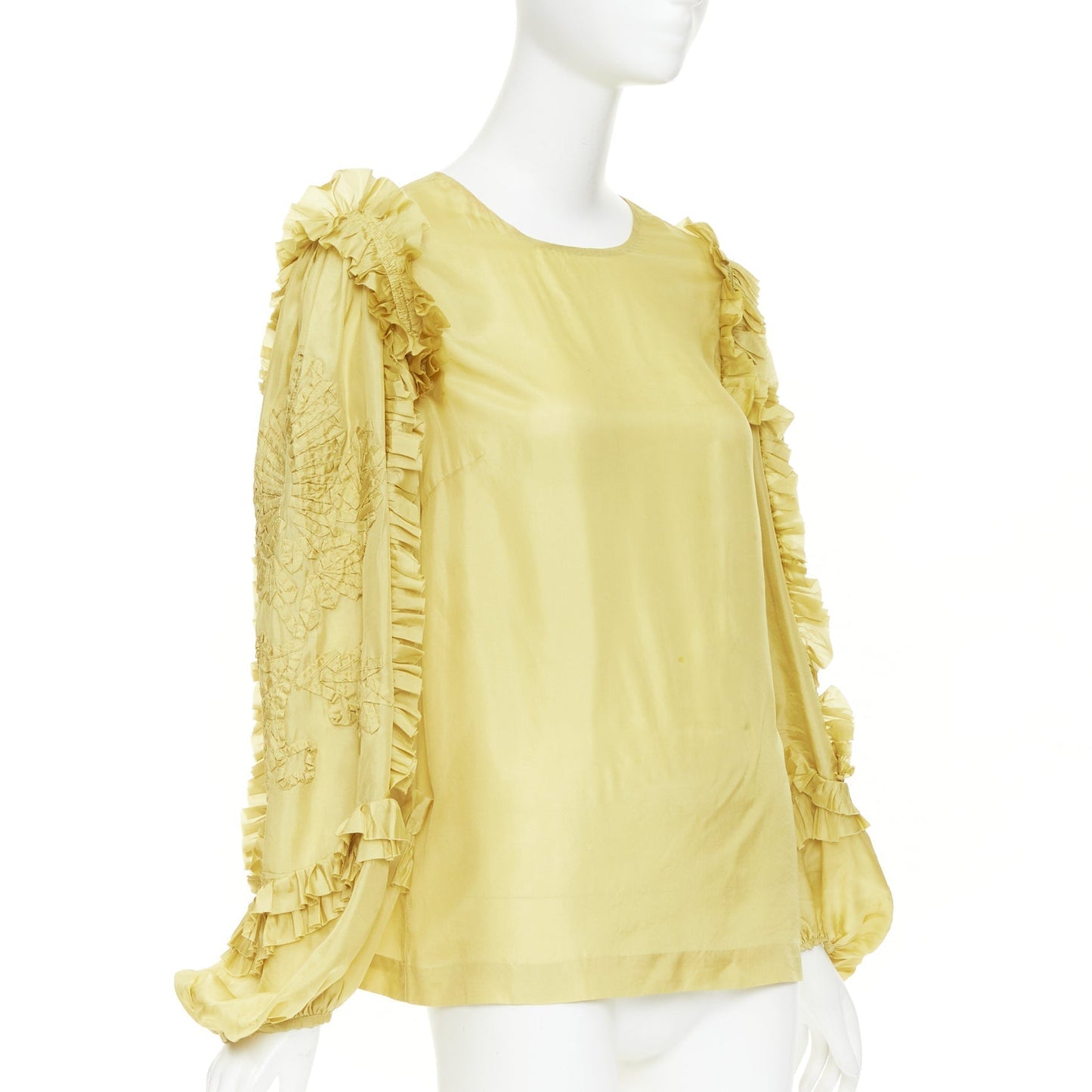 Women's Dries Van Noten silk ruffle applique puff sleeve blouse