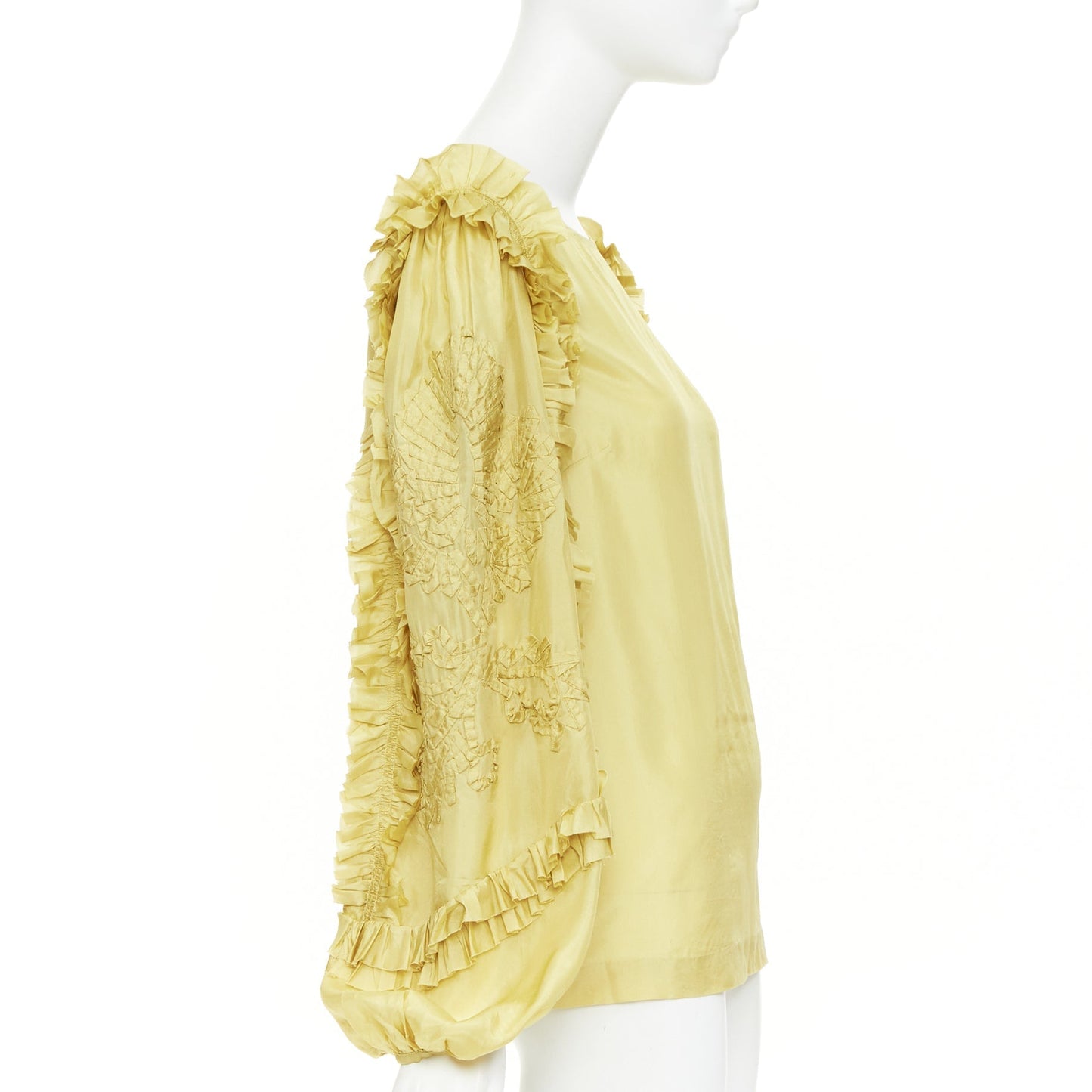 Women's Dries Van Noten silk ruffle applique puff sleeve blouse