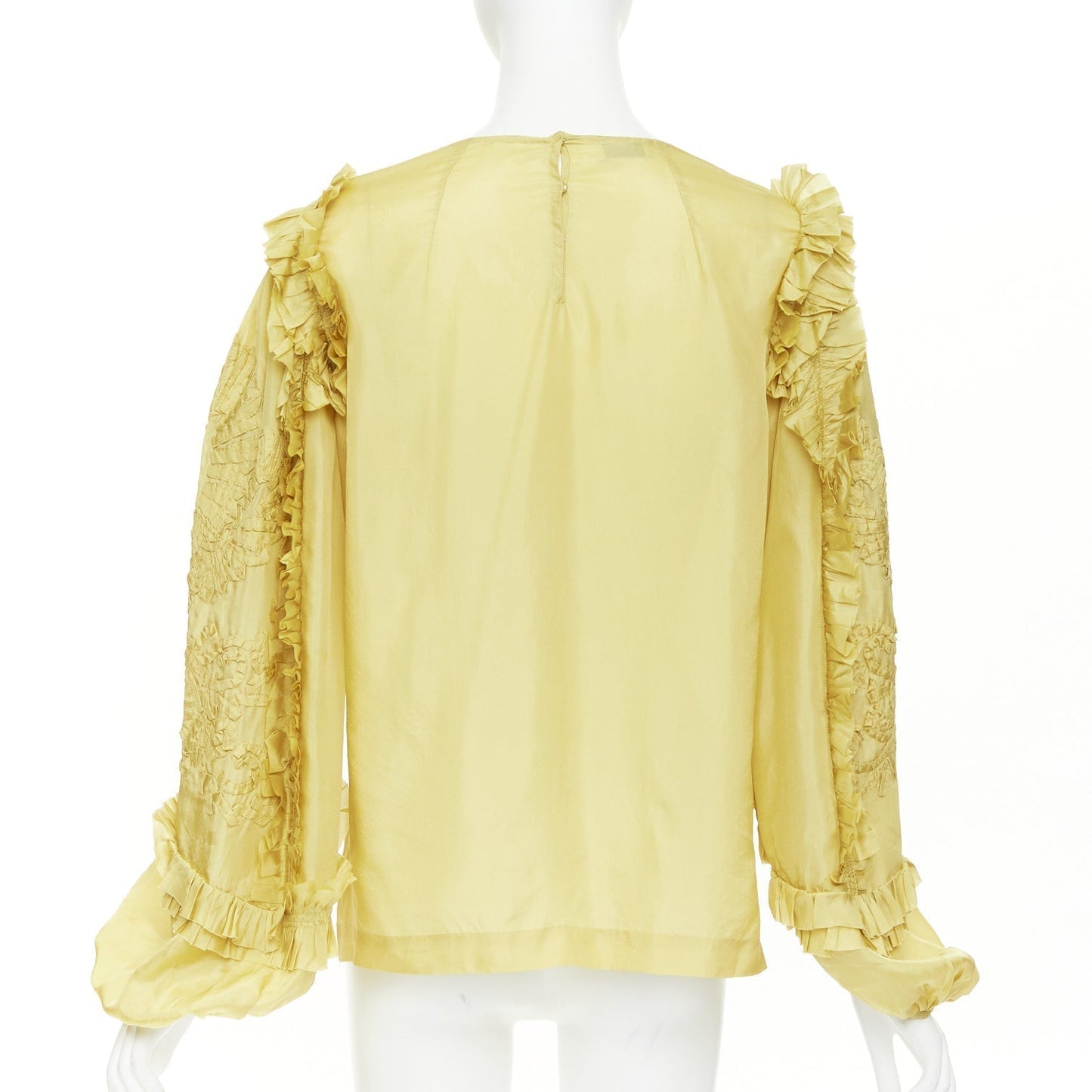 Women's Dries Van Noten silk ruffle applique puff sleeve blouse