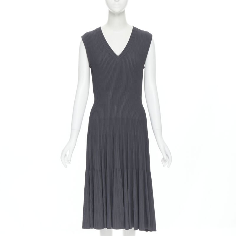 Women's Alaia ribbed V neck sleeveless fit flared cocktail dress