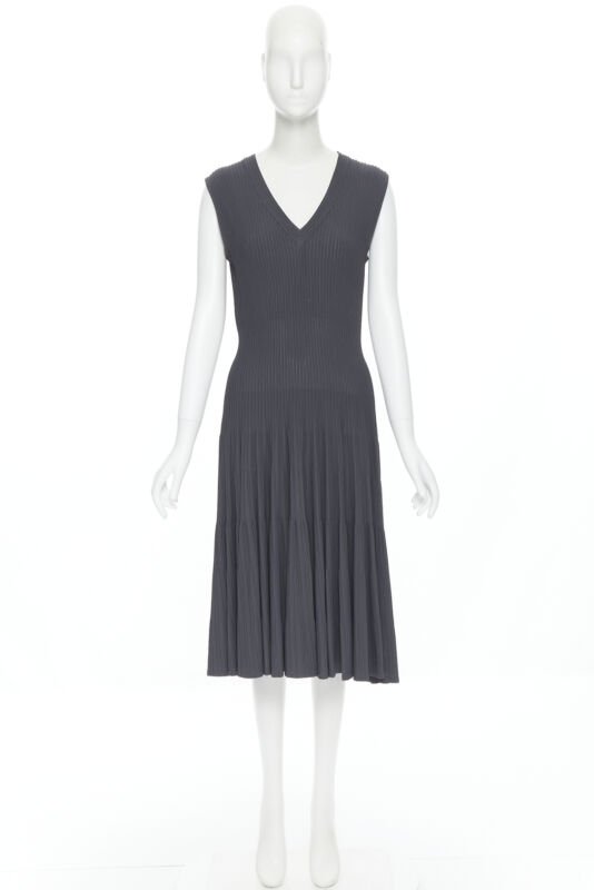 Women's Alaia ribbed V neck sleeveless fit flared cocktail dress