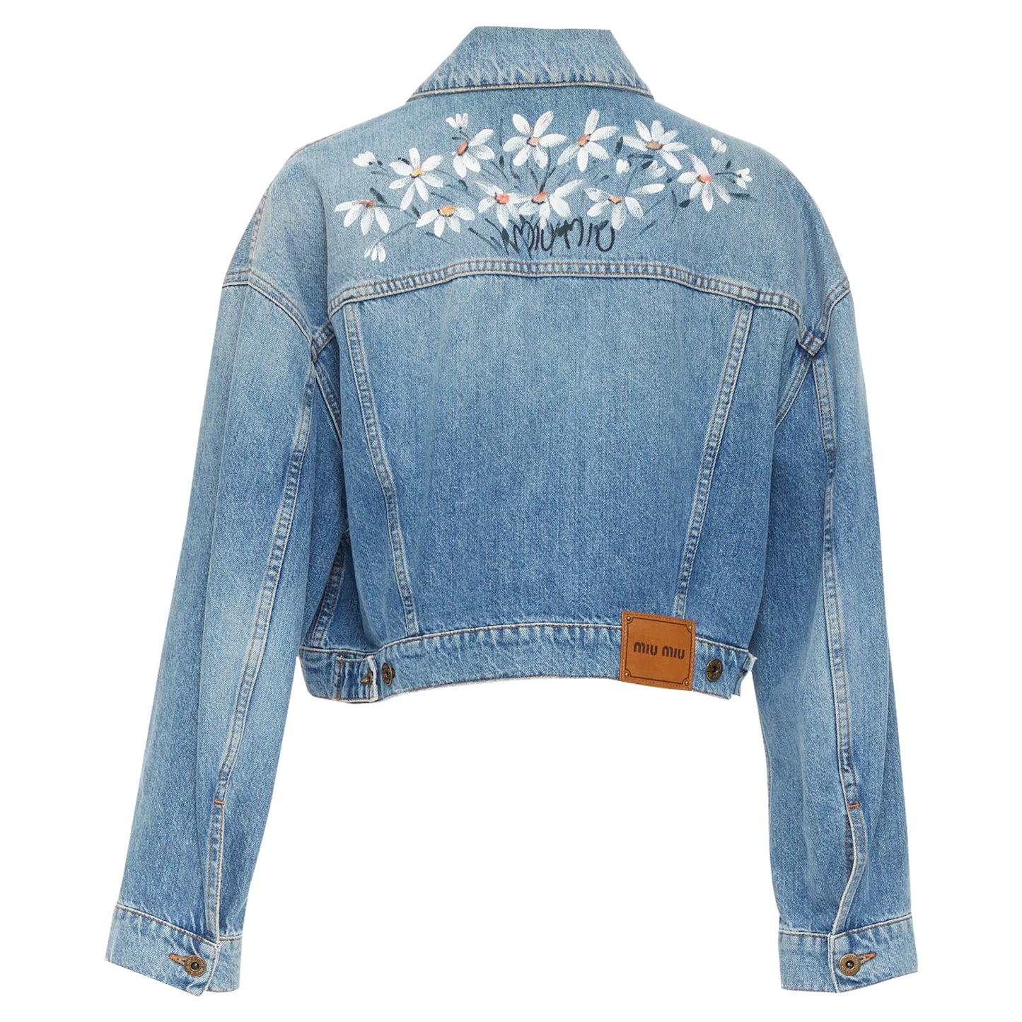 Women's Miu Miu washed denim hand painted daisy cropped jacket