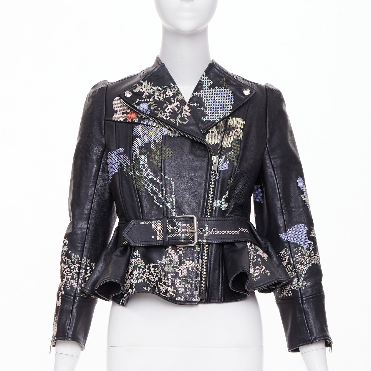 Women's Alexander McQueen Cross Stitch Leather peplum jacket