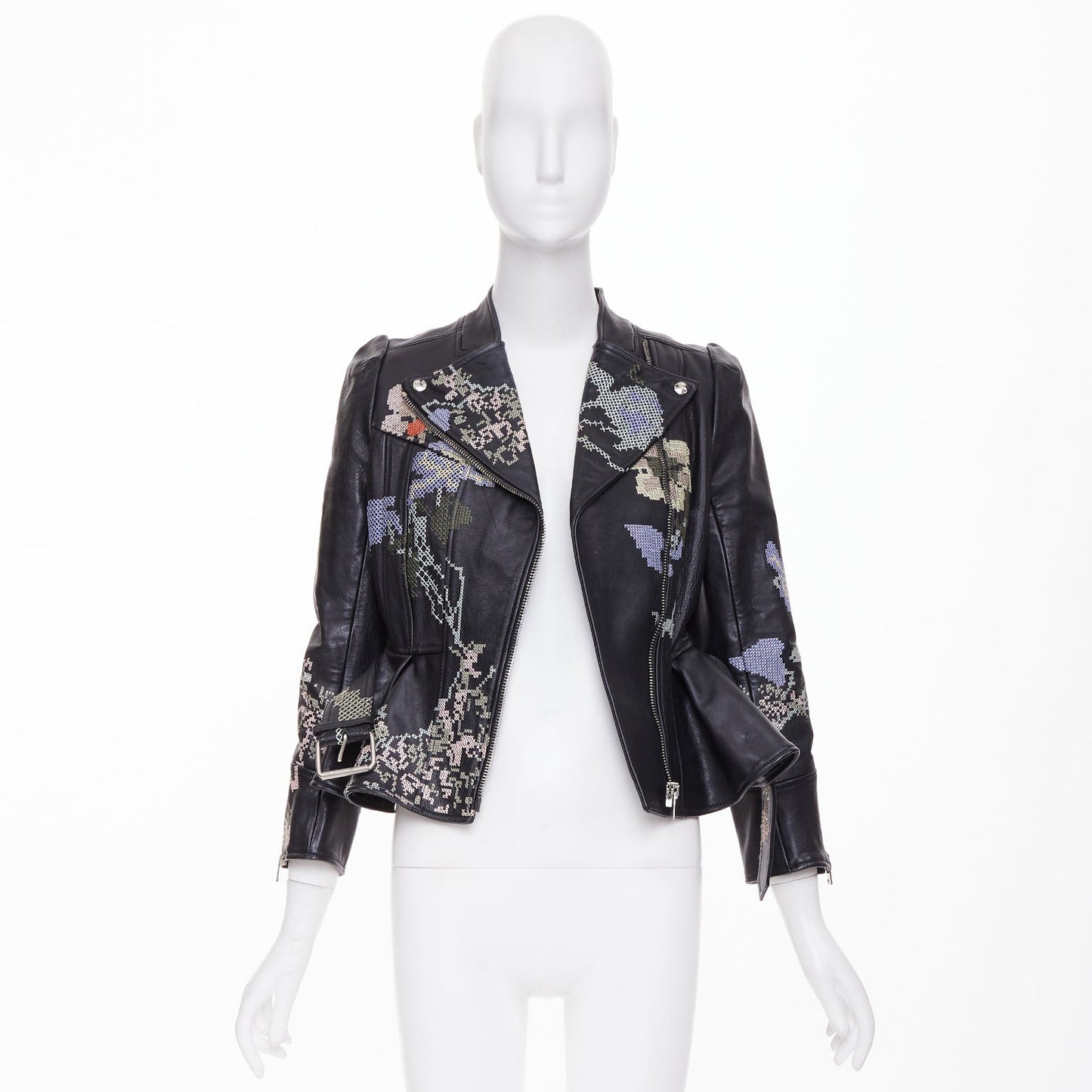 Women's Alexander McQueen Cross Stitch Leather peplum jacket