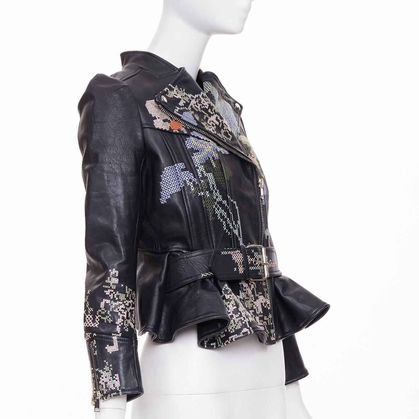 Women's Alexander McQueen Cross Stitch Leather peplum jacket