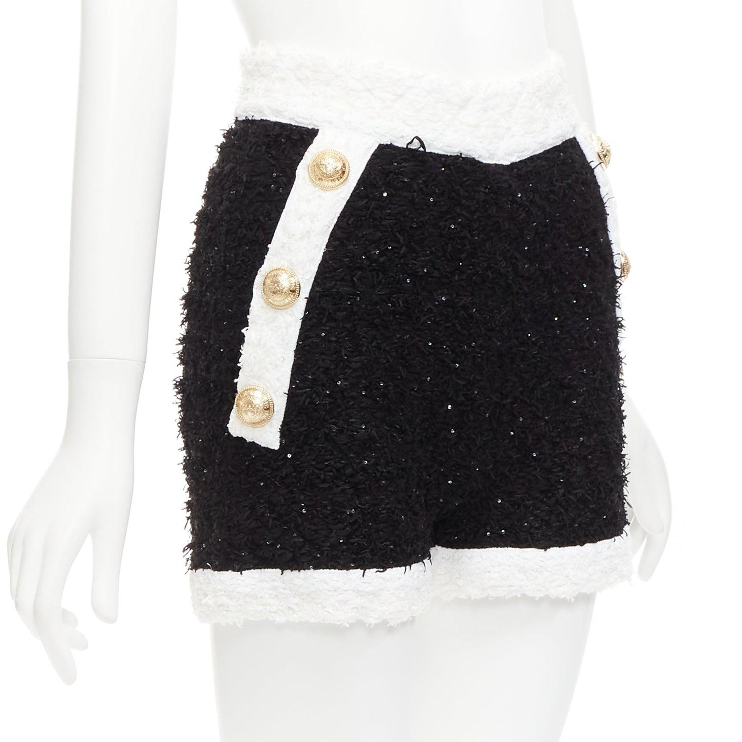 Women's Balmain sequins tweed gold buttons zip high waisted shorts