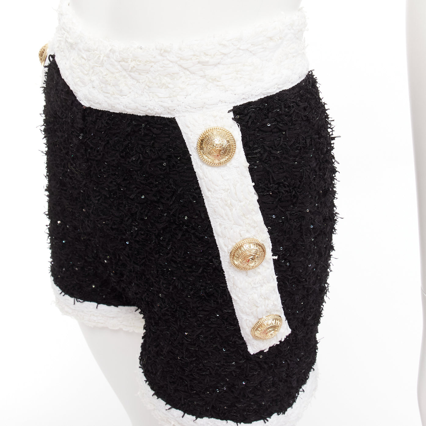 Women's Balmain sequins tweed gold buttons zip high waisted shorts