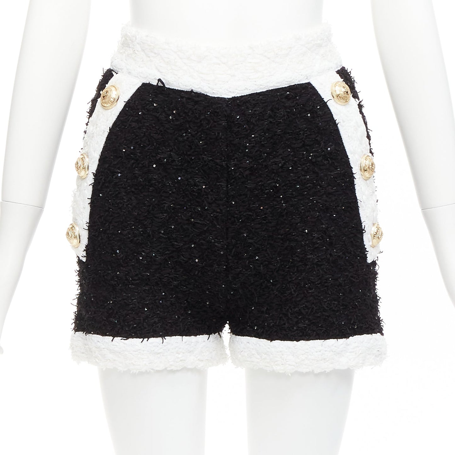 Women's Balmain sequins tweed gold buttons zip high waisted shorts