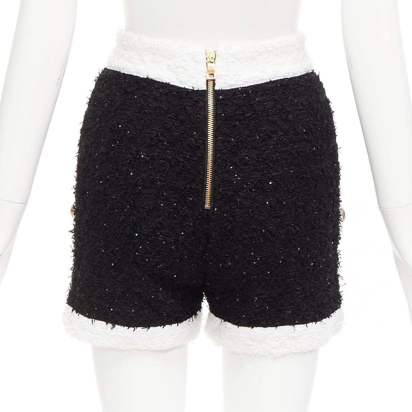 Women's Balmain sequins tweed gold buttons zip high waisted shorts
