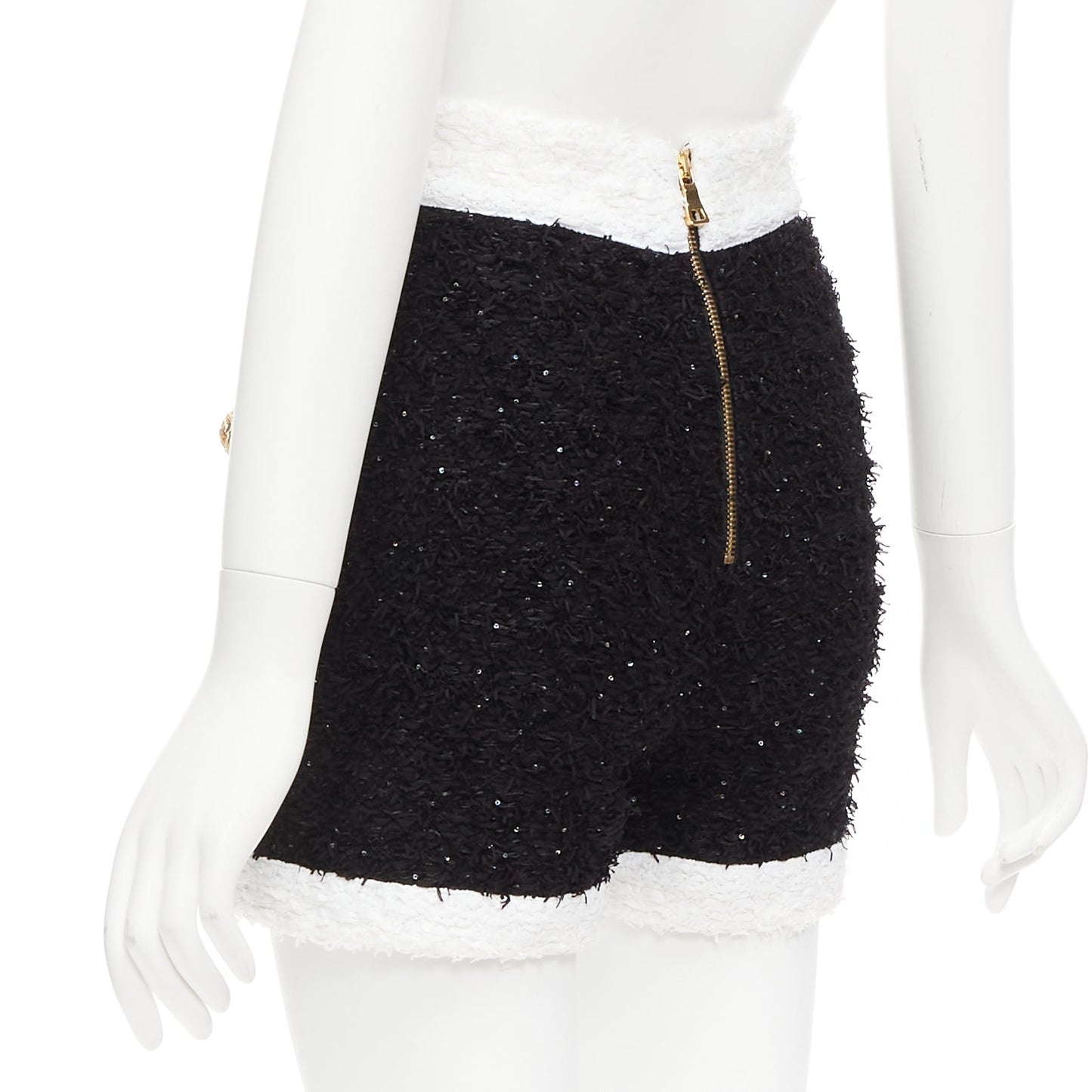 Women's Balmain sequins tweed gold buttons zip high waisted shorts
